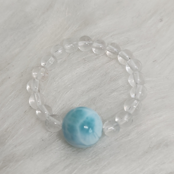 Jewelry - Larimar & Clear Quartz Beaded Ring | Ocean Blue Crystal Ring | Stretch